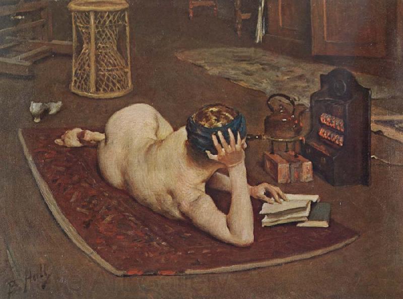 Bernard Hall Nude Reading at studio fire Spain oil painting art